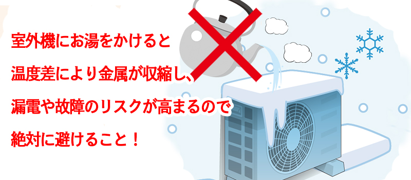 室外機にお湯をかけると温度差により金属が収縮し、漏電や故障のリスクが高まるので絶対に避けること！